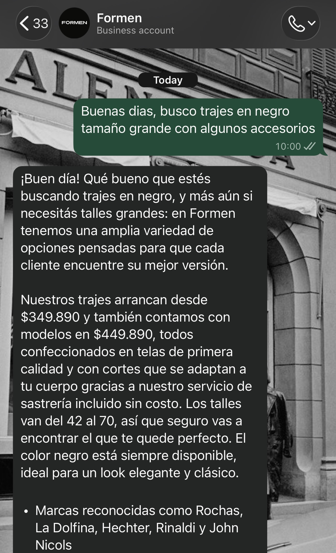 Conversación real de WhatsApp con un asistente de IA para atención de clientes de Formen